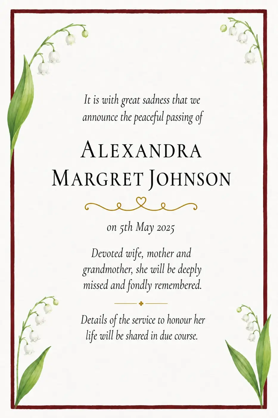 Click to enlarge Death notice frame with white magnolia blooms and slender green leaves