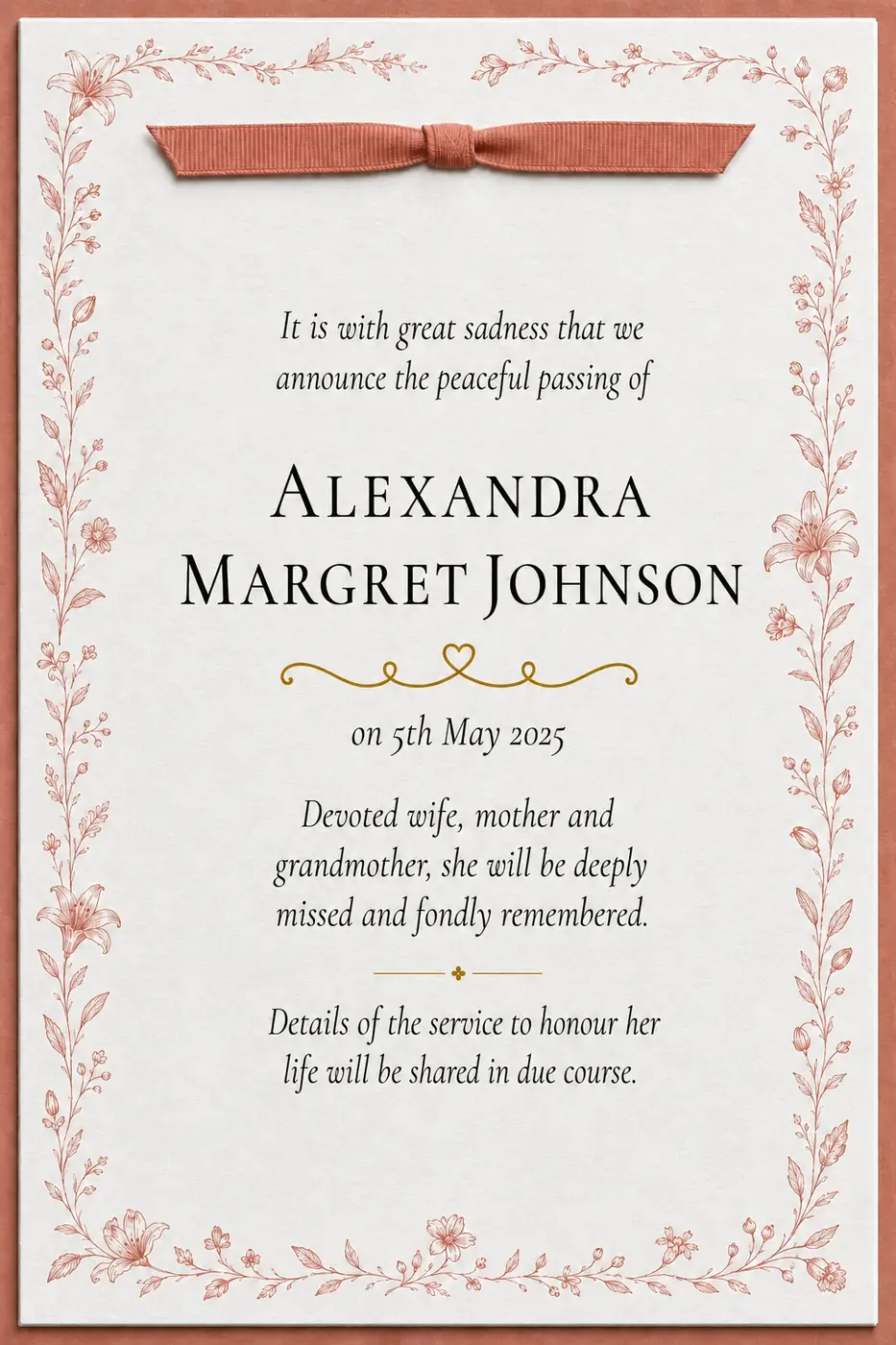 Click to enlarge Death notice frame with a coral ribbon and warm wildflowers