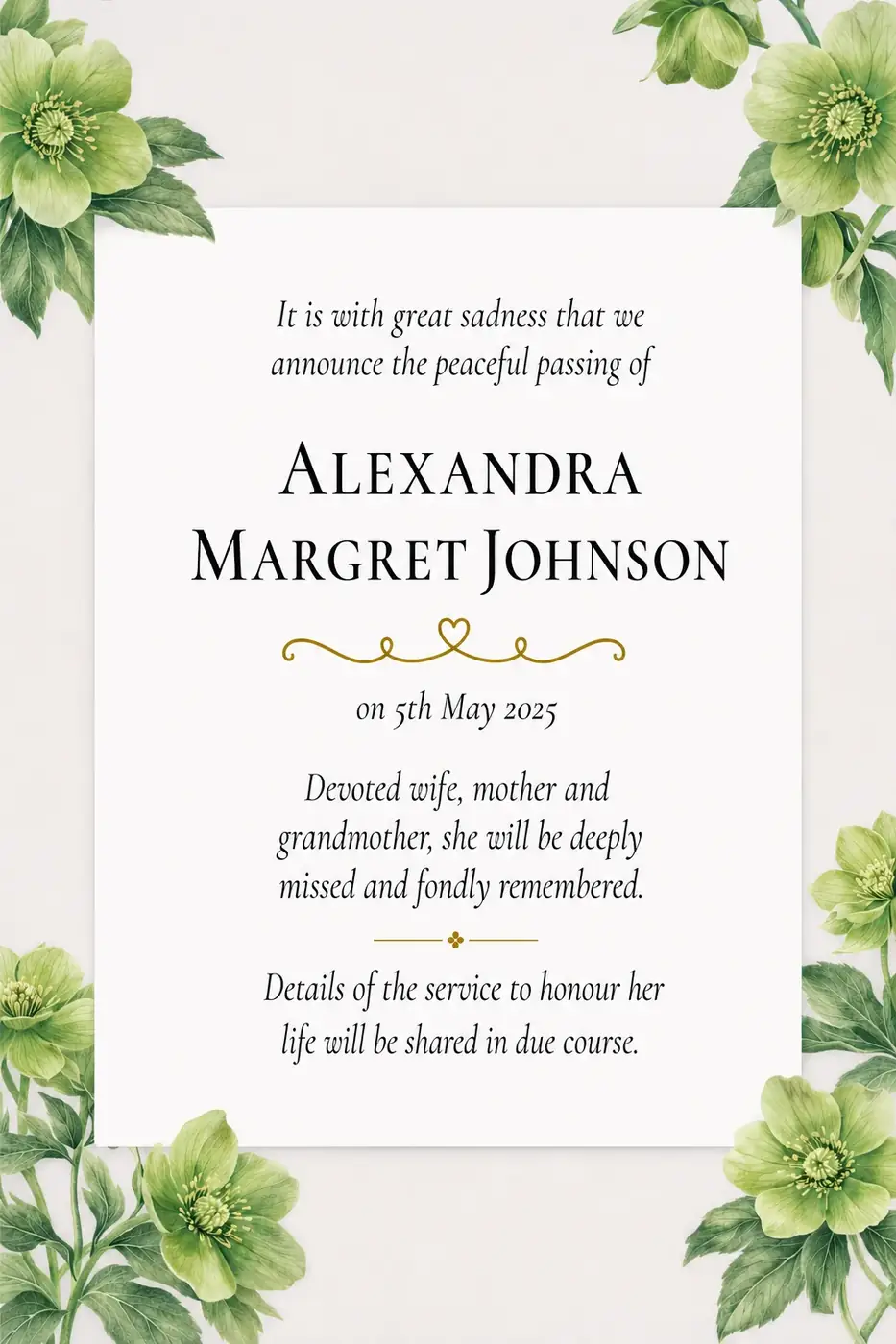 Click to enlarge Death notice frame with deep green foliage and white flowers