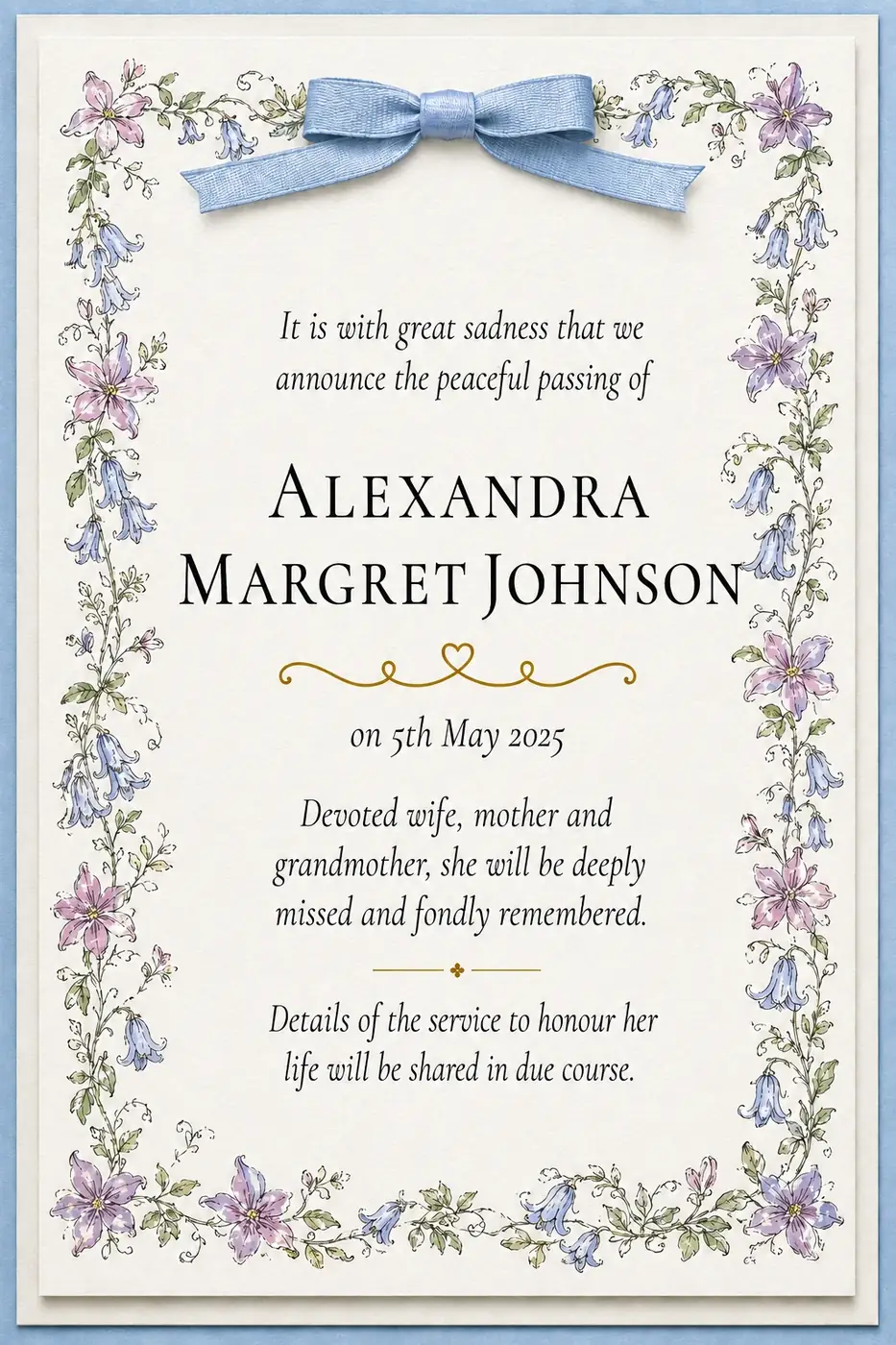 Click to enlarge Death notice frame with a blue ribbon and blue and lavender wildflowers