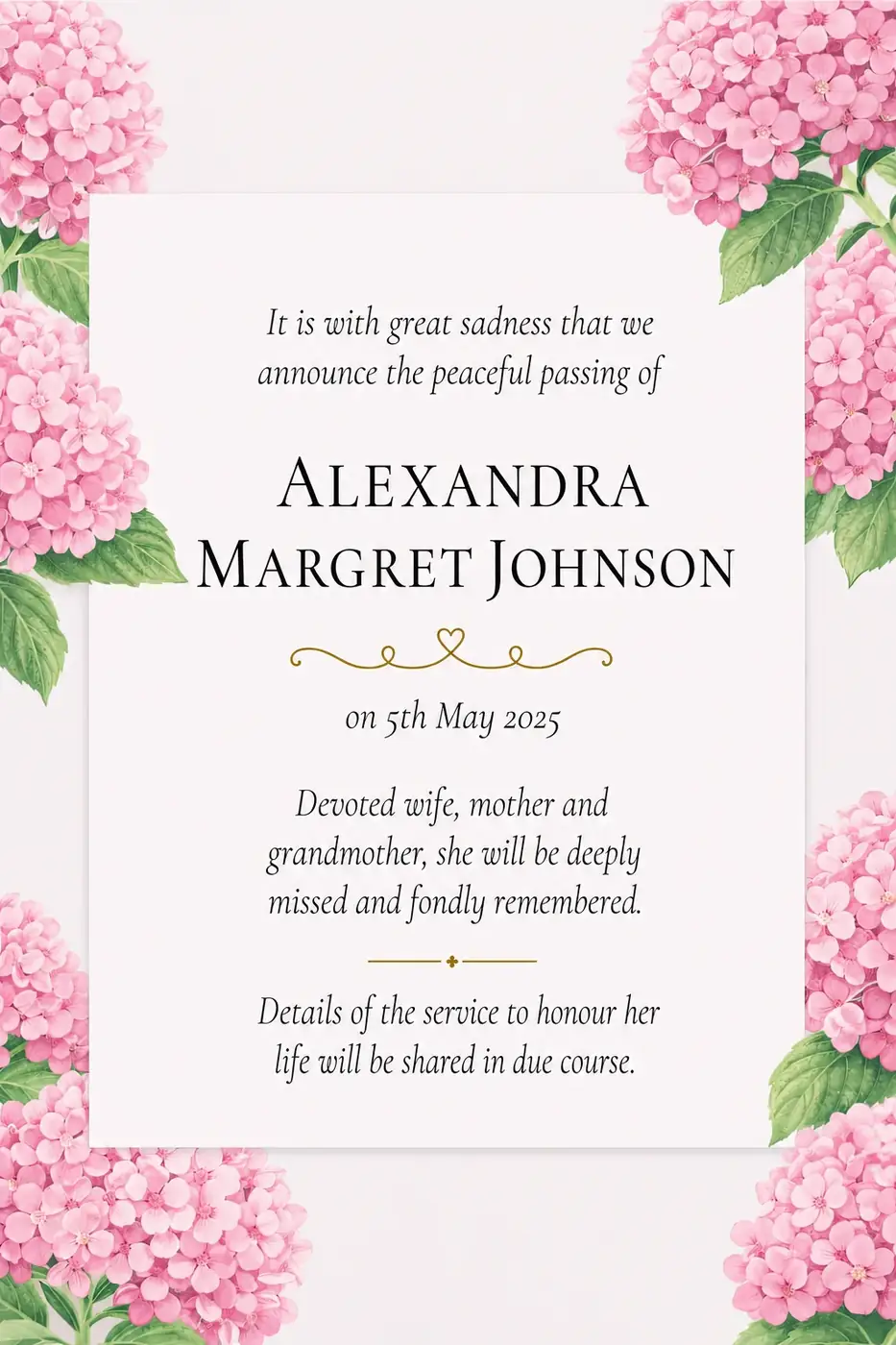 Click to enlarge Death notice frame with soft pink hydrangeas