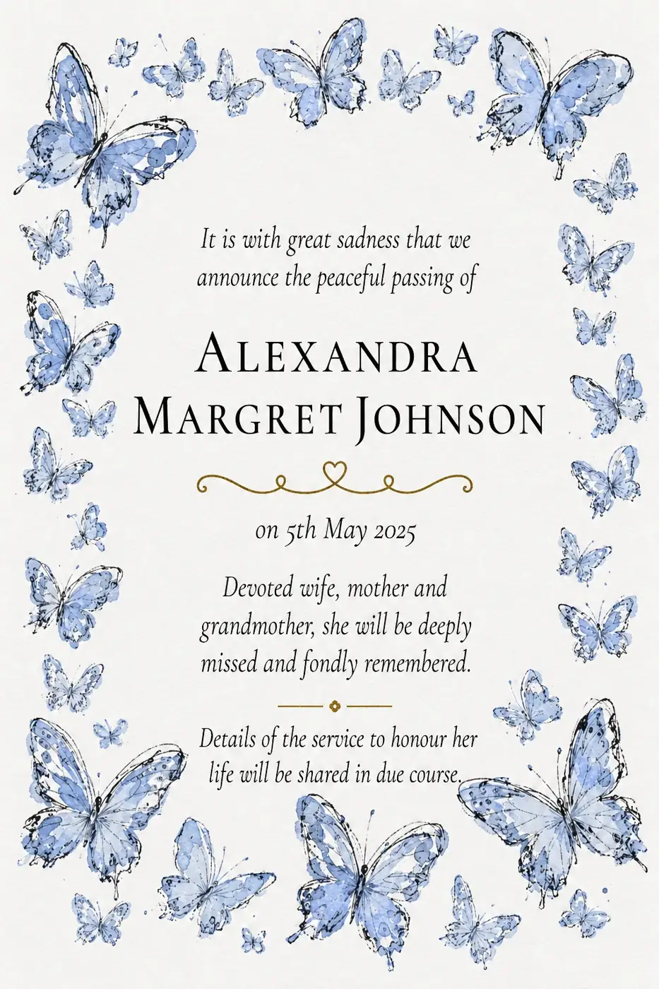 Click to enlarge Death notice frame with blue butterflies and delicate sprigs