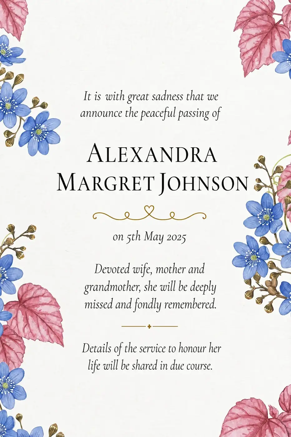 Click to enlarge Death notice frame with blue flowers and autumn leaves