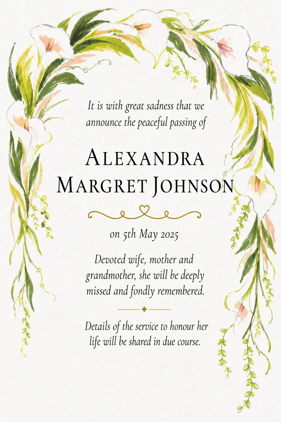 Click to enlarge Death notice frame with cascading green eucalyptus