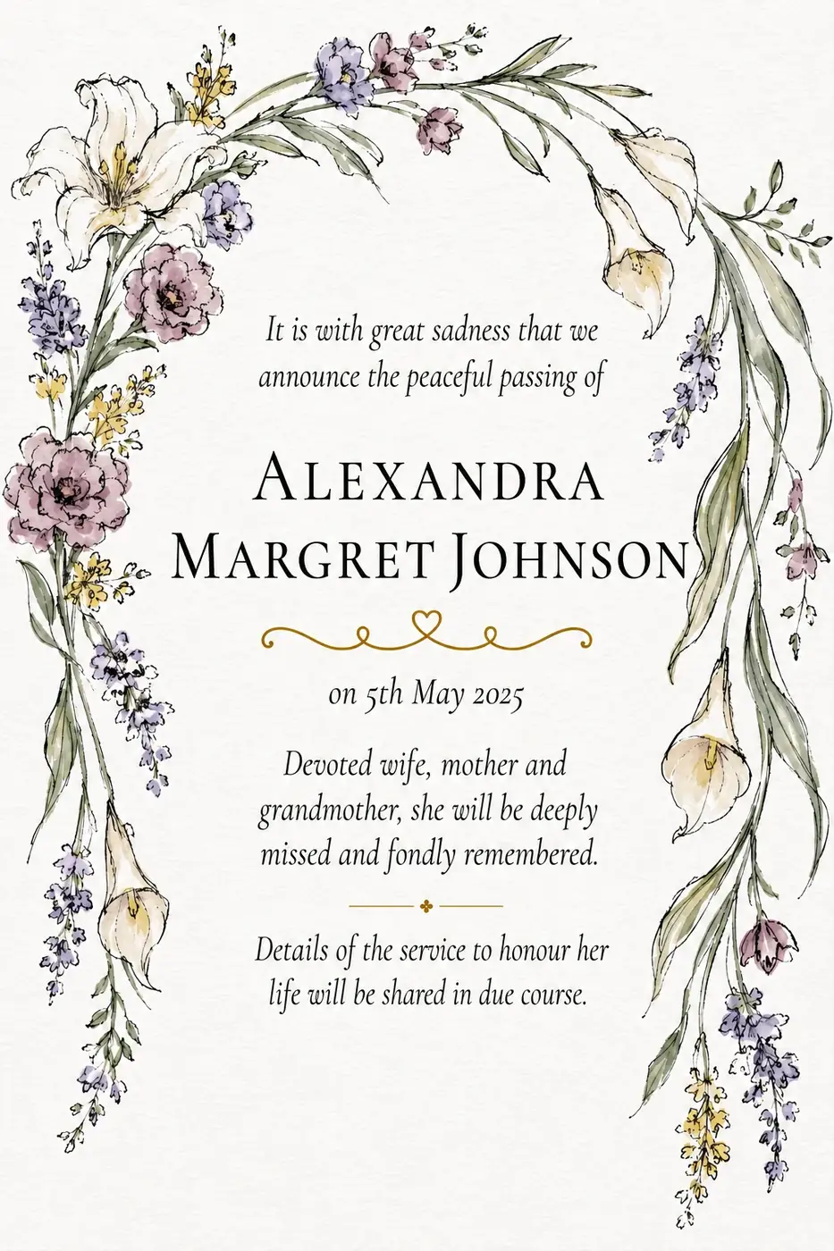 Click to enlarge Death notice frame with an arch of purple wildflowers