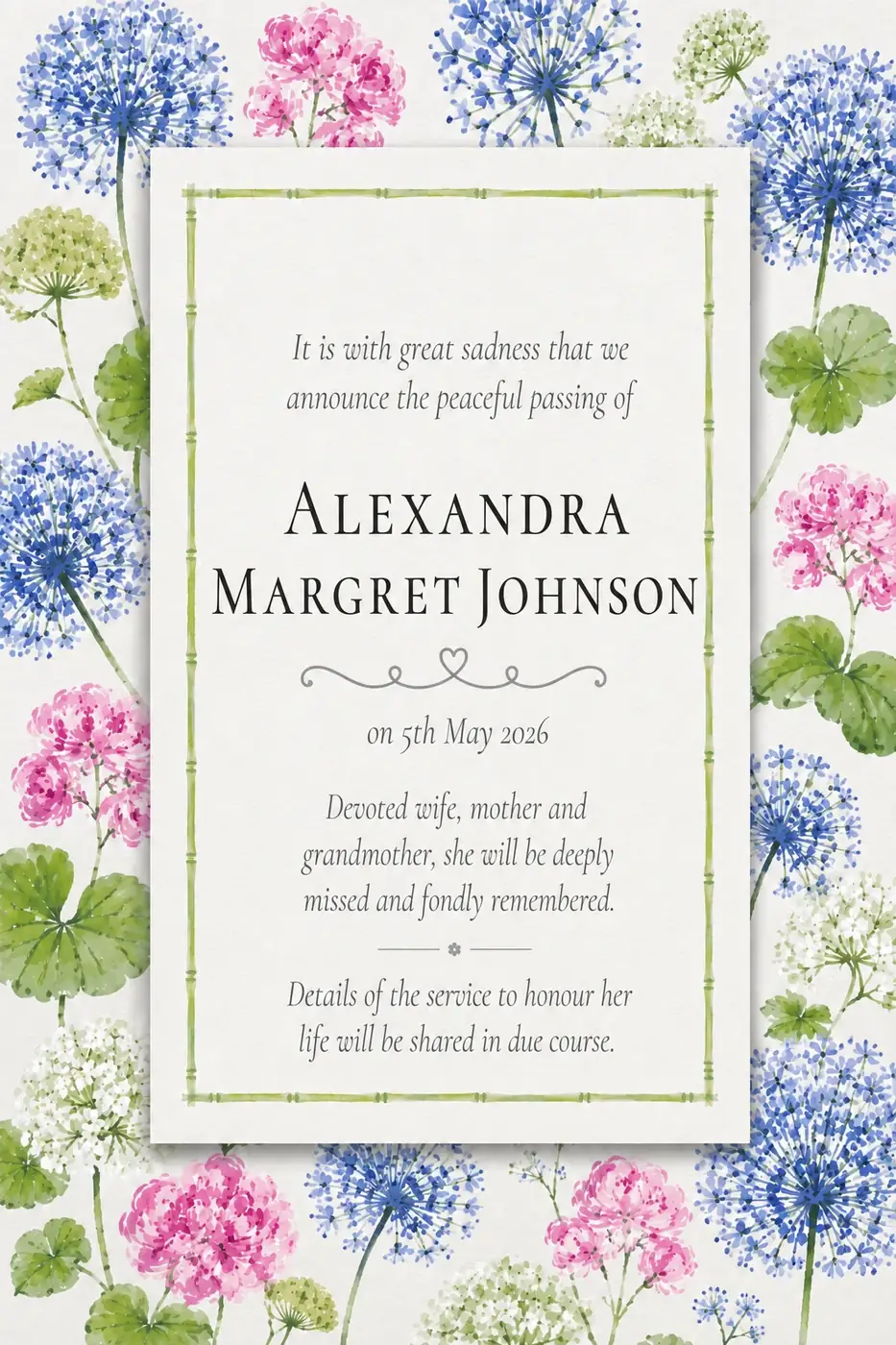 Click to enlarge Death notice frame with pink and blue hydrangeas