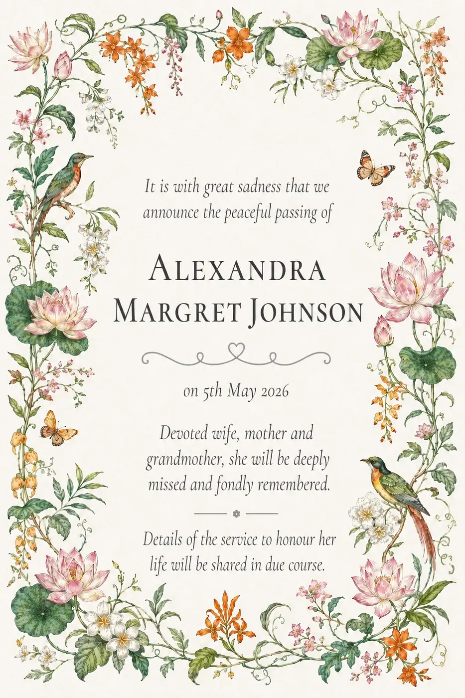 Click to enlarge Death notice frame with colourful wildflowers and a bird