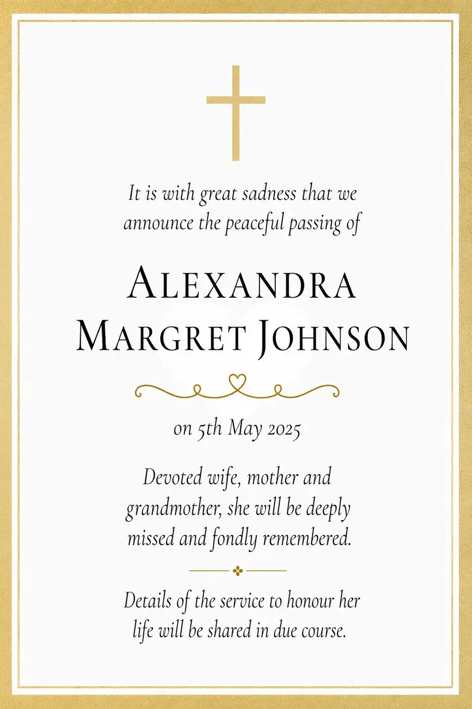 Click to enlarge Traditional death notice frame with a gold border and cross