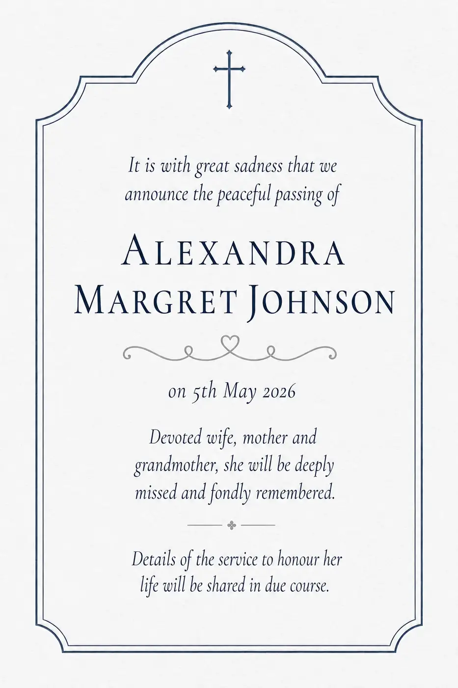 Click to enlarge Traditional death notice frame with a cross and arched border