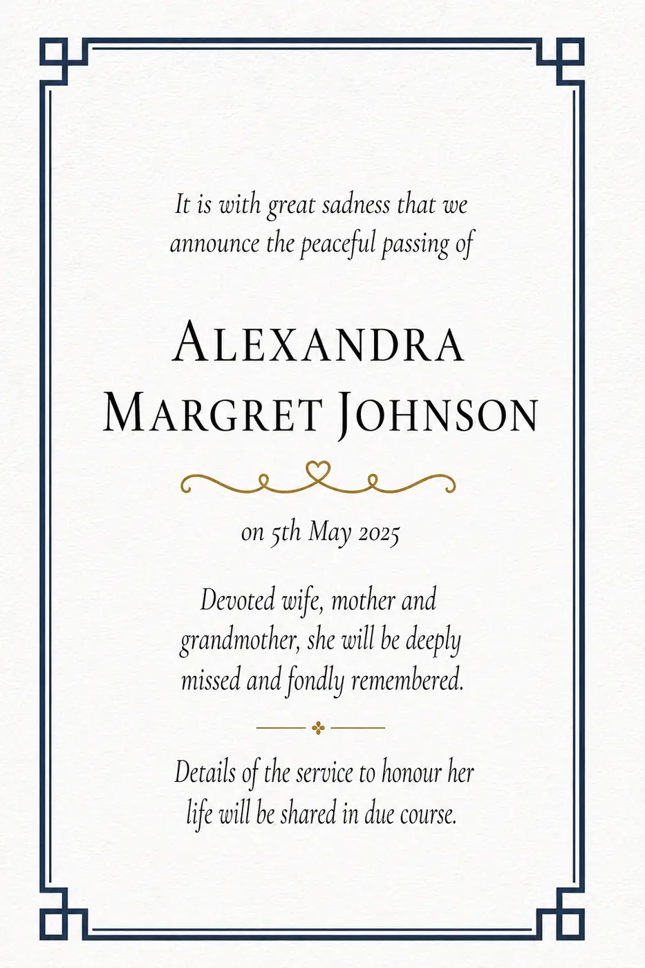 Click to enlarge Traditional death notice frame with a blue scallop-shell border