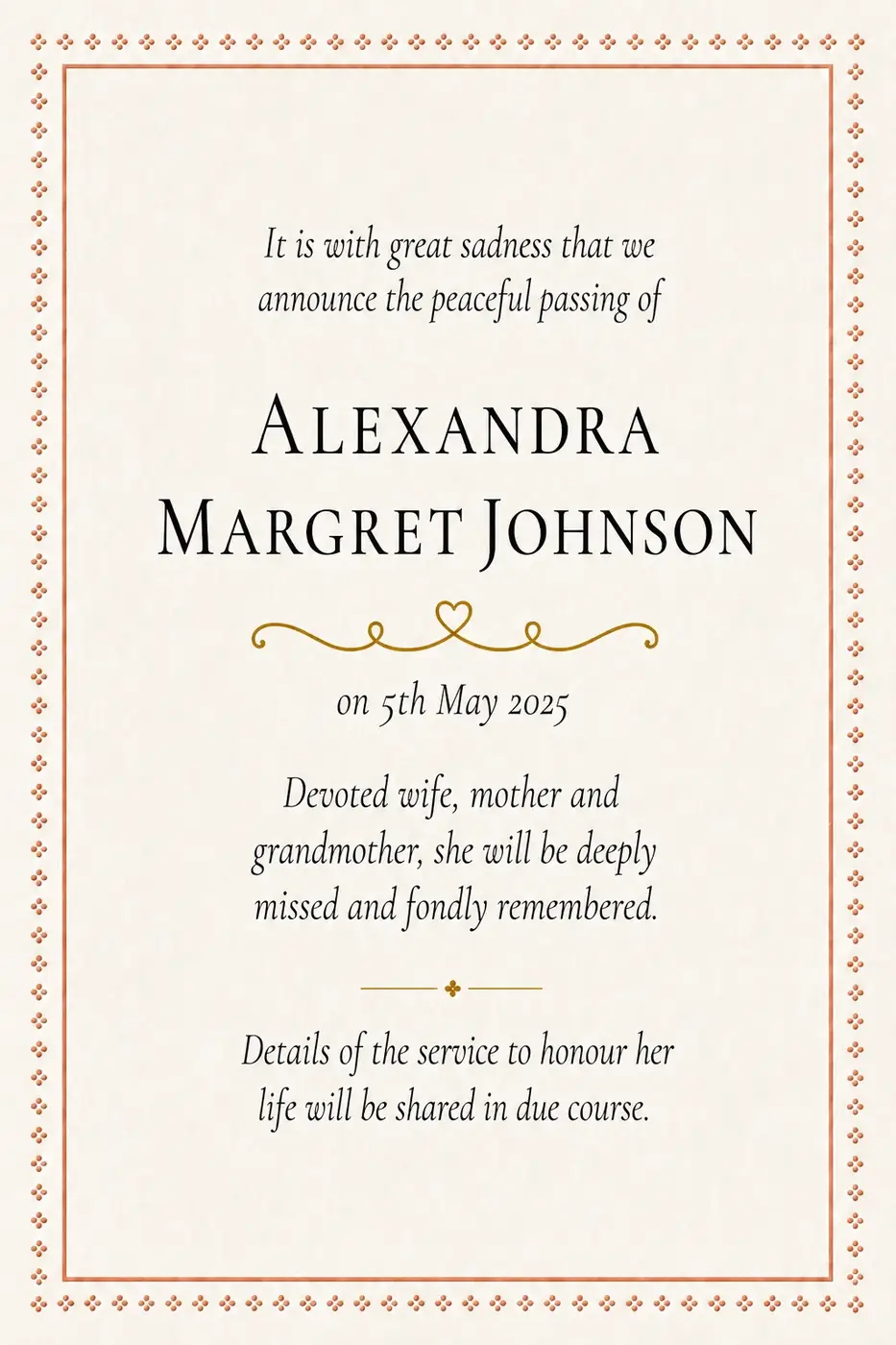 Click to enlarge Traditional death notice frame with a navy Greek-key border
