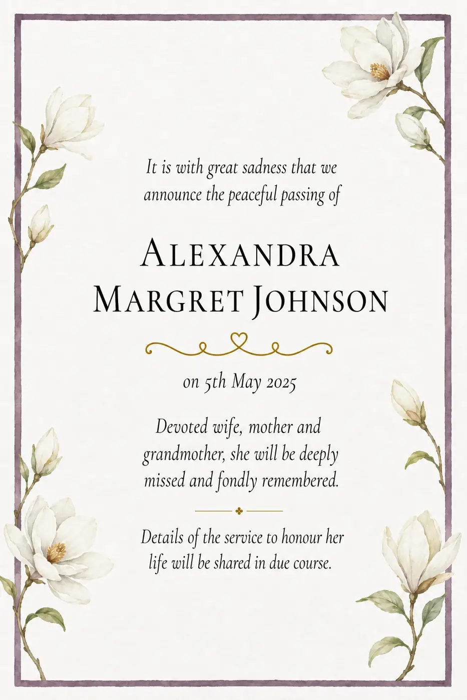 Click to enlarge Traditional death notice frame with a single white magnolia and wide margins