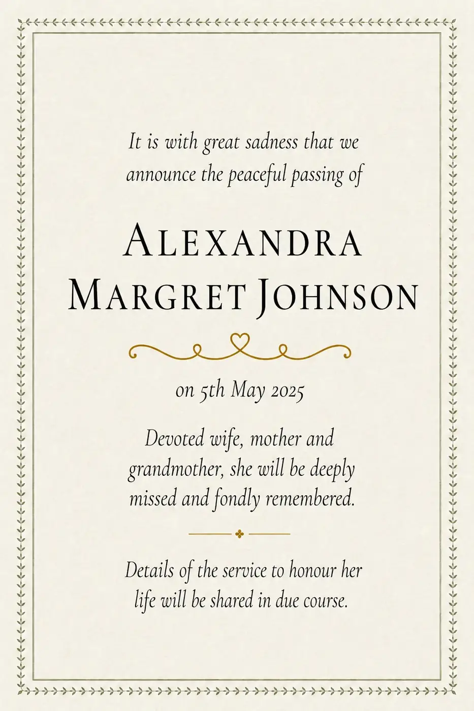 Click to enlarge Traditional death notice frame with an ornate scrollwork border