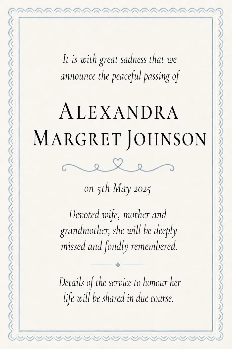 Click to enlarge Traditional death notice frame with corner flourishes