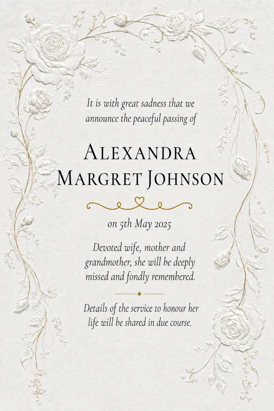 Click to enlarge Traditional death notice frame with a fine gold border and delicate corner sprigs