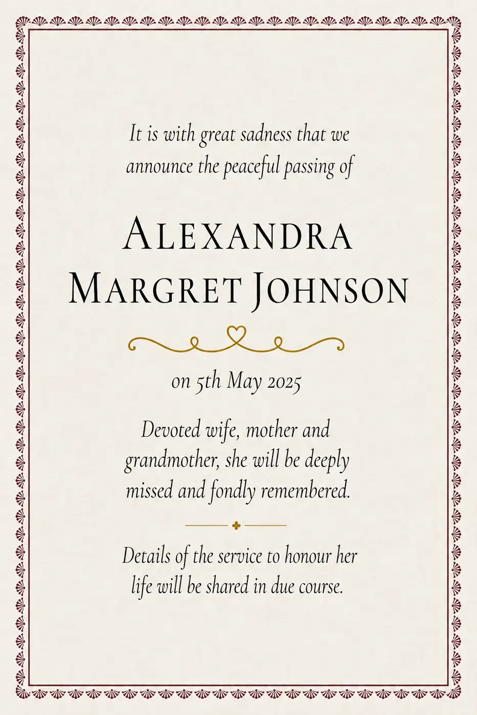Click to enlarge Traditional death notice frame with a classical gold border