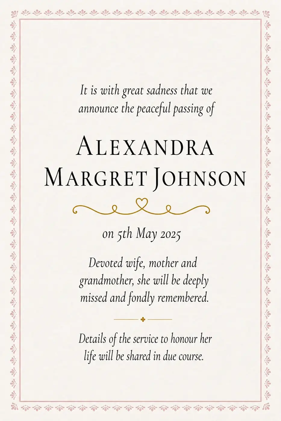 Click to enlarge Traditional death notice frame with a simple navy border