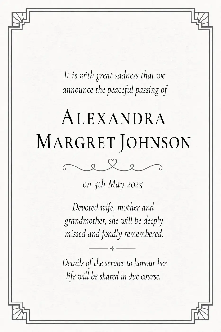 Click to enlarge Traditional death notice frame with a soft grey border