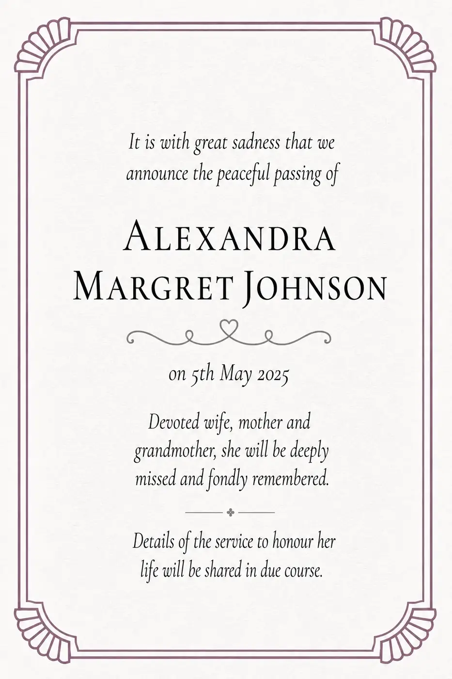 Click to enlarge Traditional death notice frame with a blush bordered panel