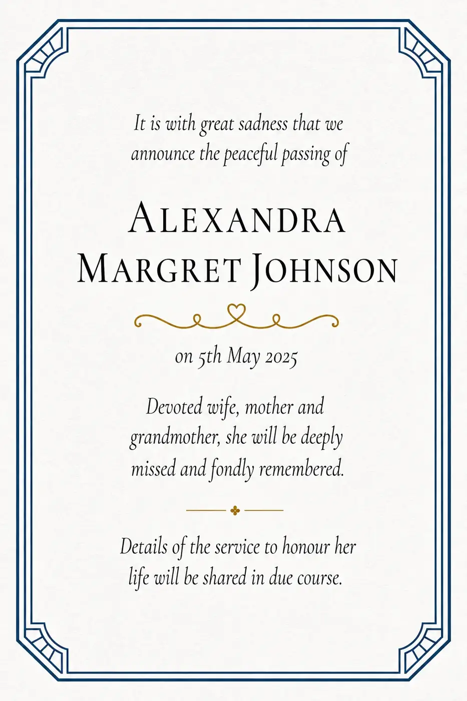 Click to enlarge Traditional death notice frame with an engraved border