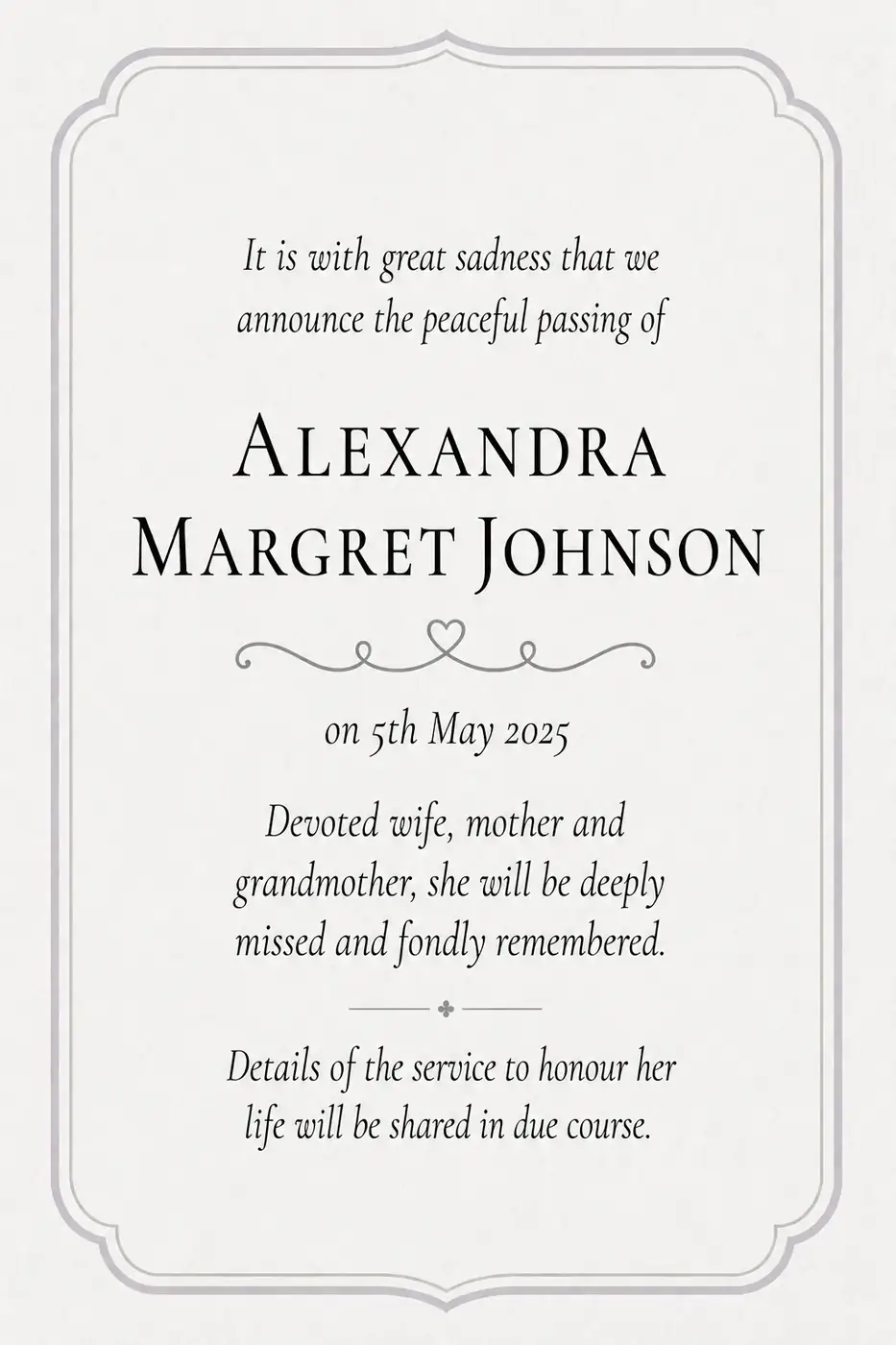 Click to enlarge Traditional death notice frame with a slim bordered panel