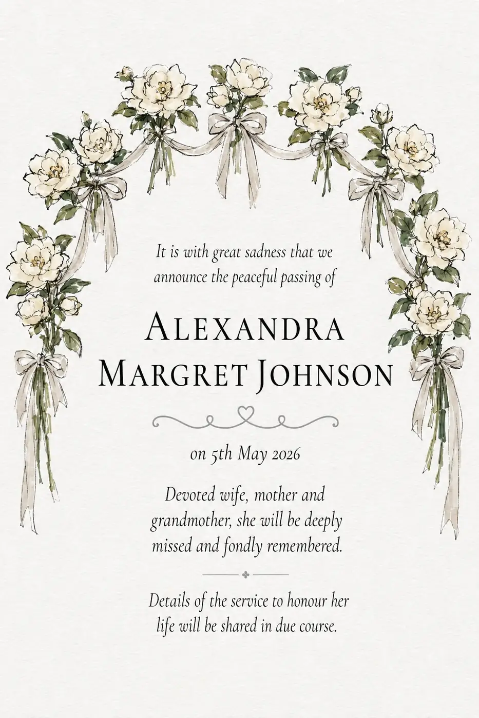 Click to enlarge Death notice frame with an arch of white roses