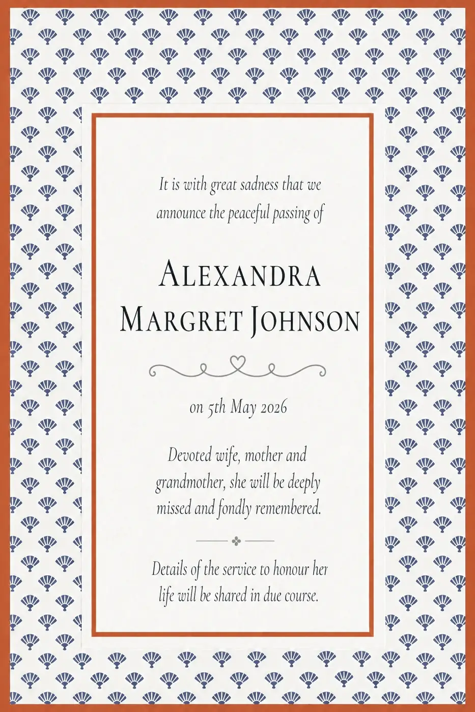 Click to enlarge Death notice frame with a blue patterned border and terracotta edge